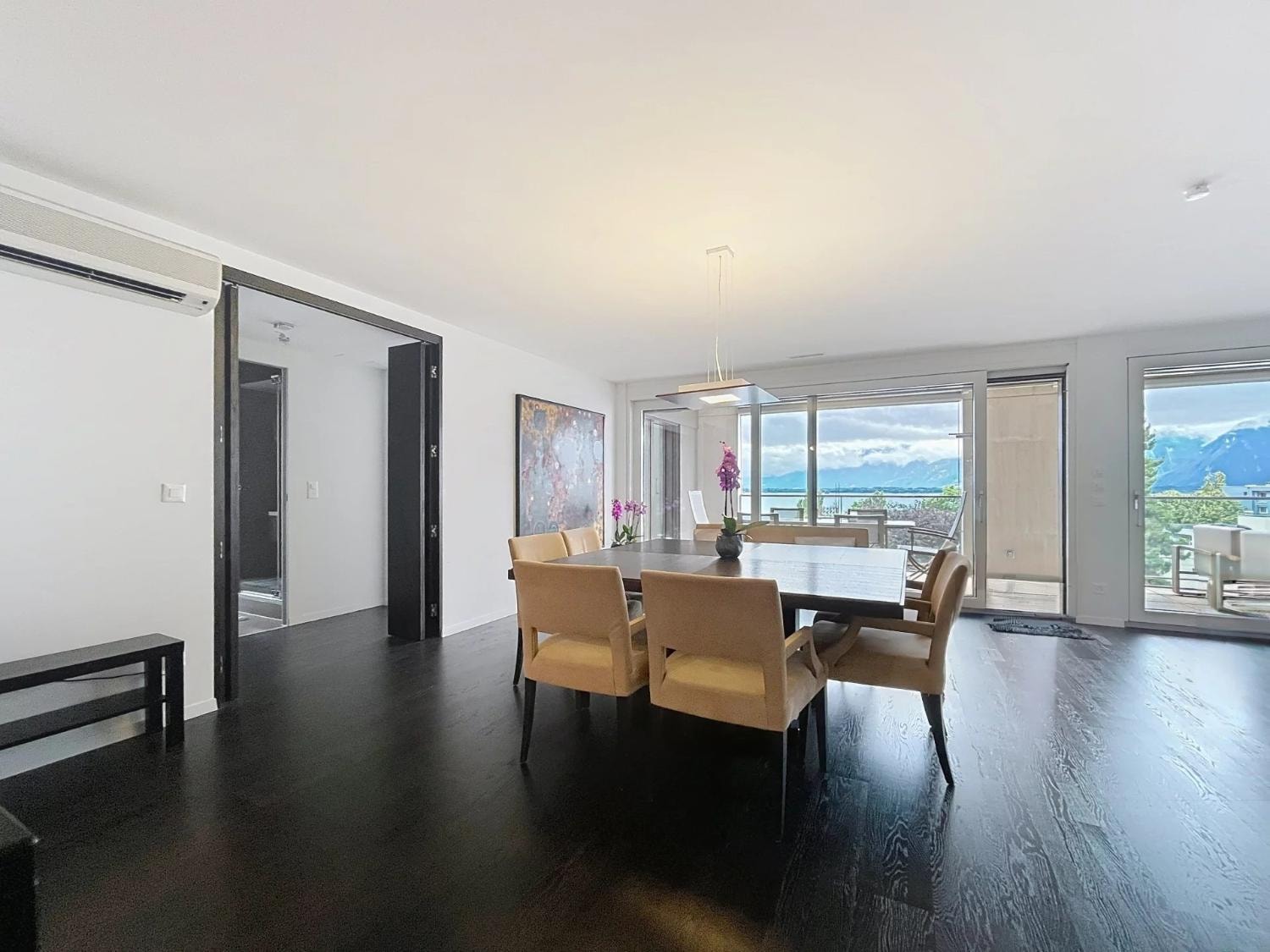 Dining room with lake and mountain views and terrace access, Le National, Montreux