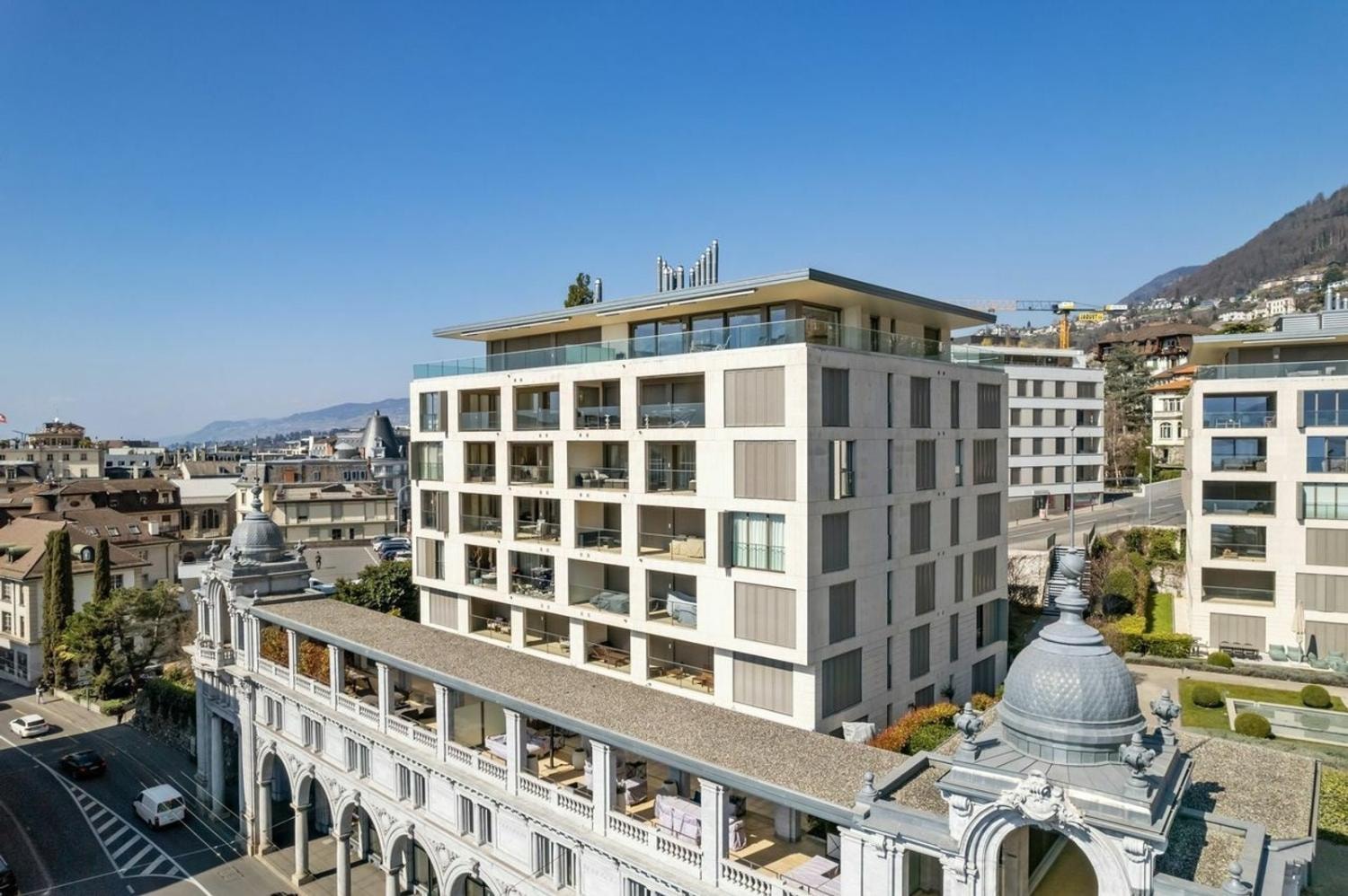 Aerial view of Le National residence in central Montreux