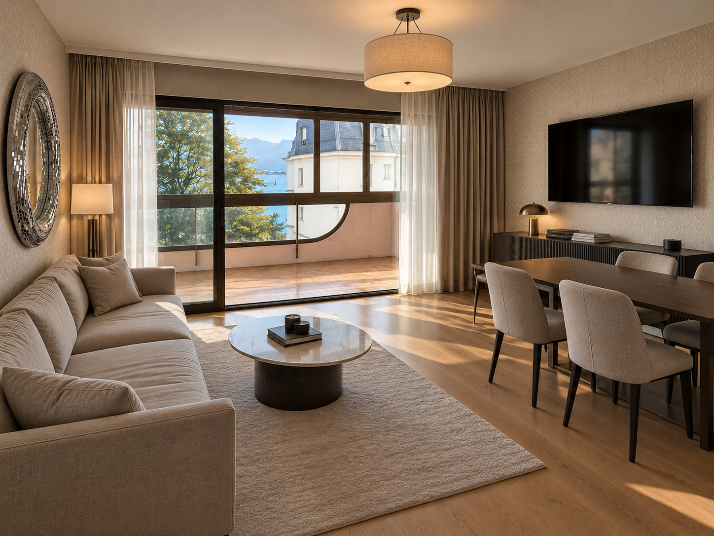 Living and dining room with balcony access and lake view