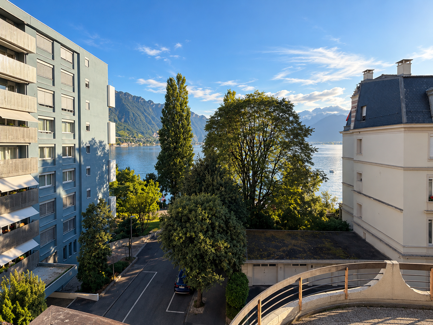 View of Lake Geneva and the Alps from the street